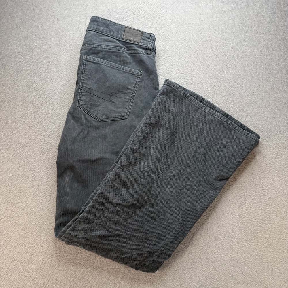 American Eagle Super Hi-Rise Flare Pants Womens 10 Gray Corduroy Stretch Boho